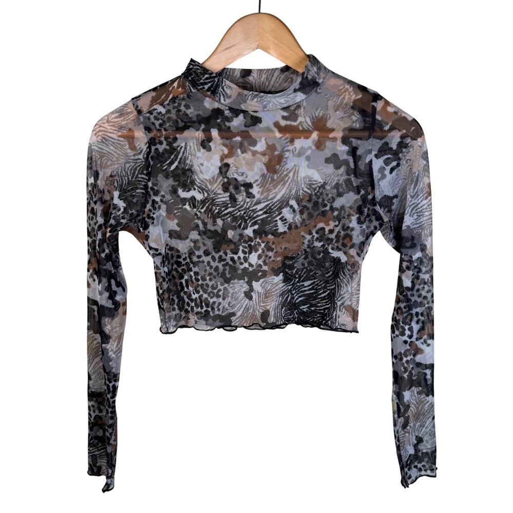 Y2K G Mini USA Mesh Crop Top Women Small Grey Animal Print Sheer Mock Neck Edgy